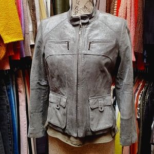 NWOT Alfani Petite gray/silver wash genuine suede biker jacket, size SP